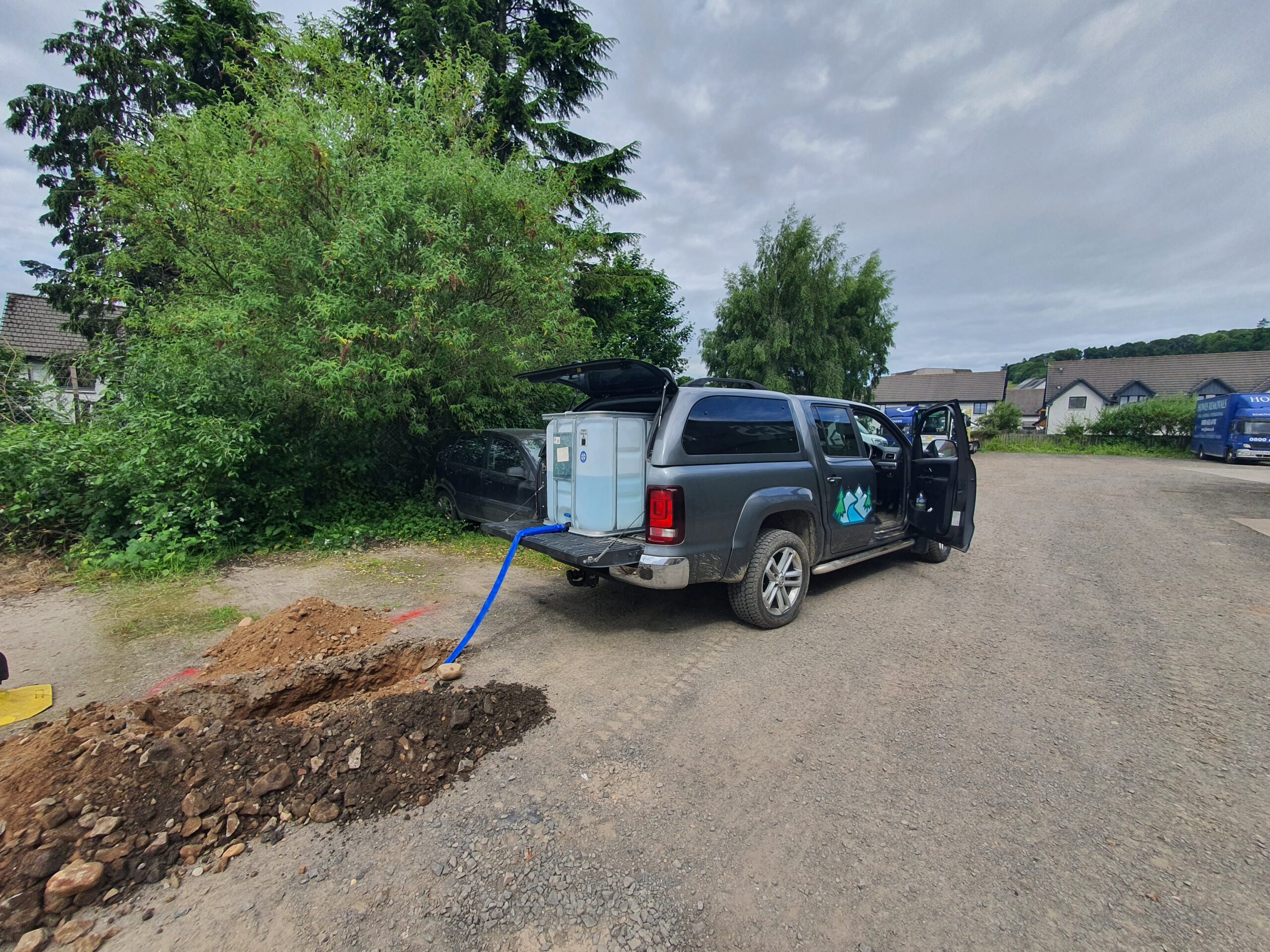 202Site Investigation for Surface Water Drainage Design – Fairfield Works, Scotland40625_103815 Surface Water Drainage Design Scotland – Soakaway testing at Fairfield Works using water from Gondolin truck